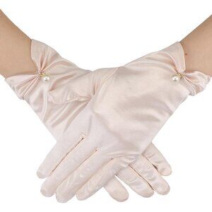 Women's Champagne Short Satin Wrist Pearl Gloves Party Banquet Accessories